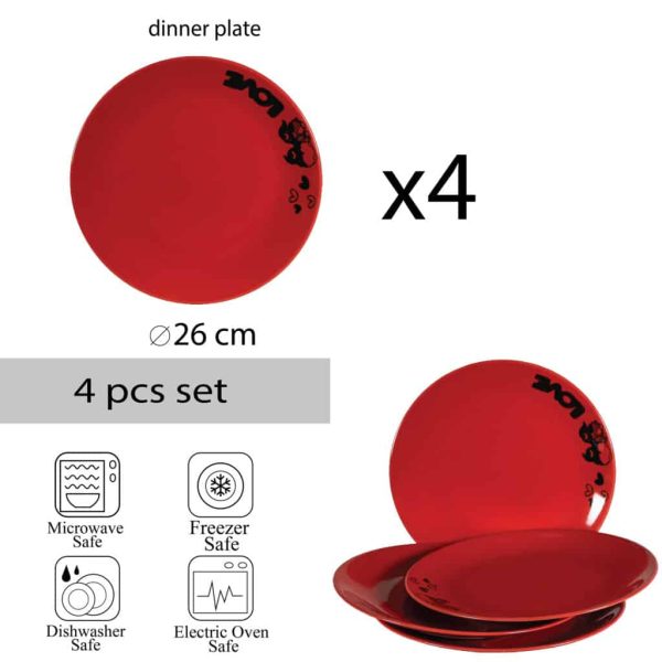 4er Set Speiseteller, Cesiro, rund, 26 cm, glänzendes Rot verziert mit Liebeszwergen