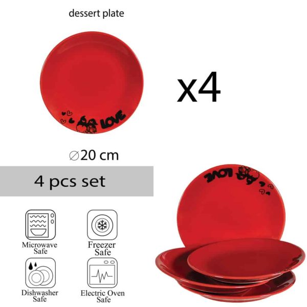4er Set Dessertteller, Cesiro, rund, 20 cm, Glänzendes Rot verziert mit Liebeszwergen