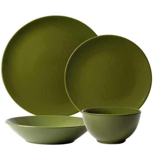 Tafelservice für eine Person, 4-teilig, mit tiefem Teller und Schale, rund, olivgrün glänzend