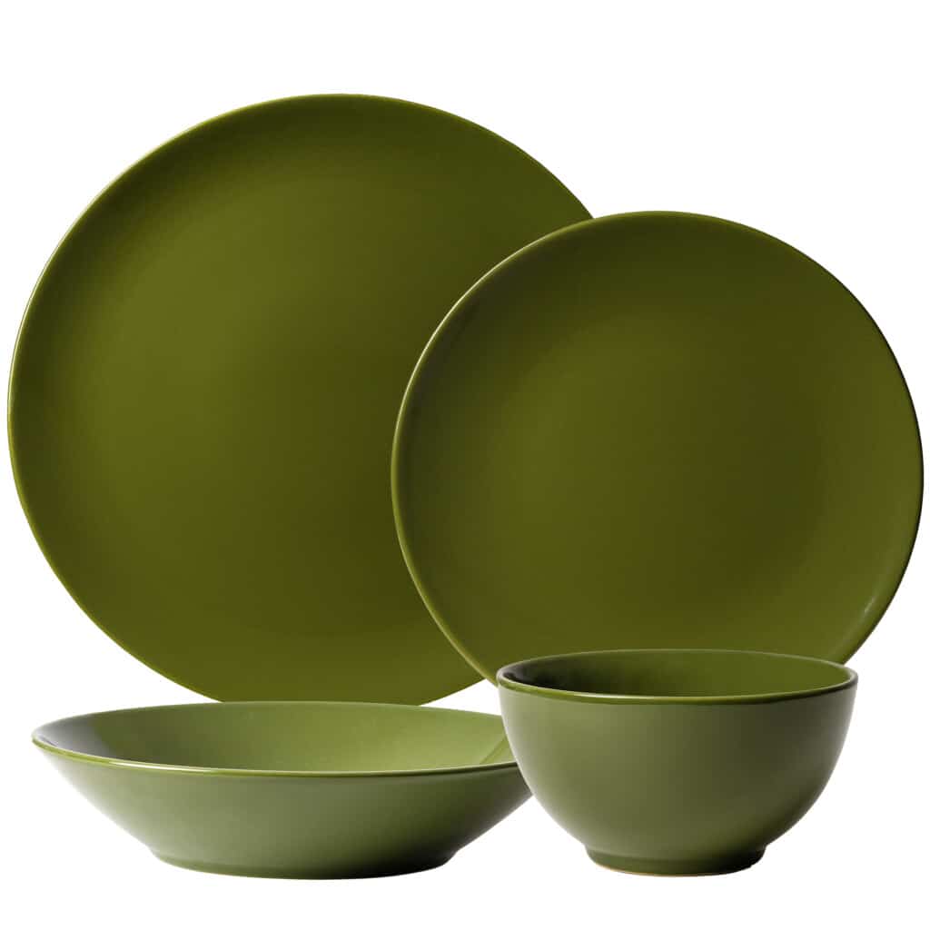 Tafelservice für eine Person, 4-teilig, mit tiefem Teller und Schale, rund, olivgrün matt