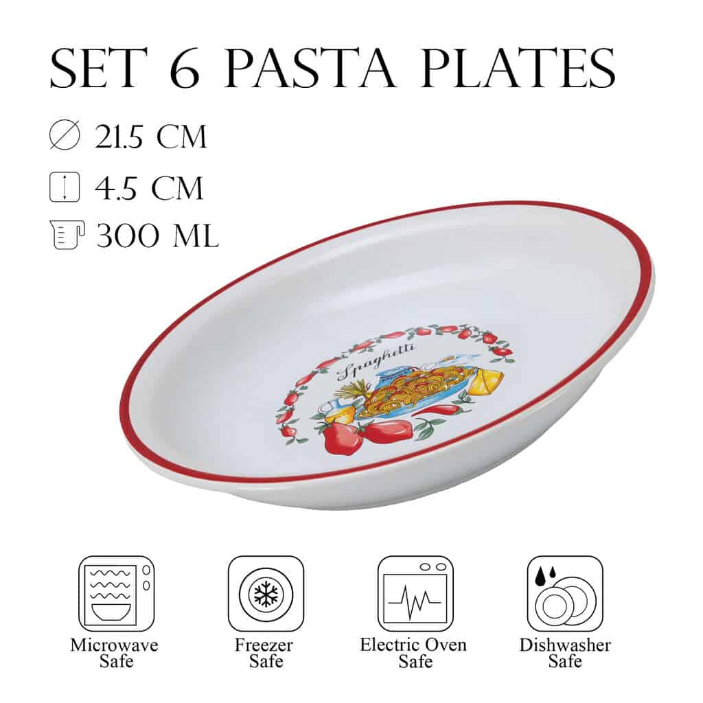 Set mit 6 tiefen Tellern, Cesiro, 21 cm, Weiß mit Spaghetti-Dekoration