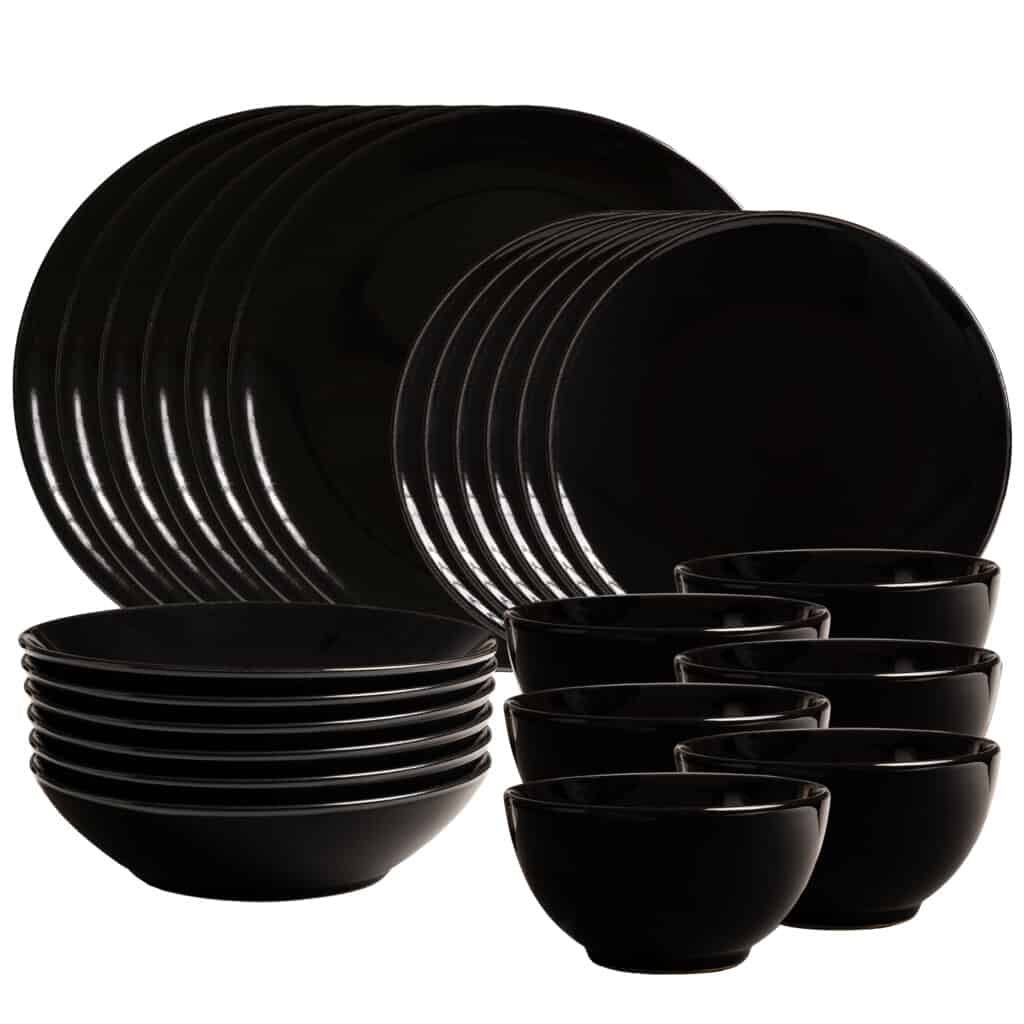 Tafelservice für 6 Personen, 24-teilig, mit tiefem Teller und Schale, rund, glänzend schwarz