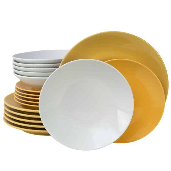 Tafelservice für 6 Personen, 18-teilig, mit tiefem Teller, rund, glänzend weiß/gelb