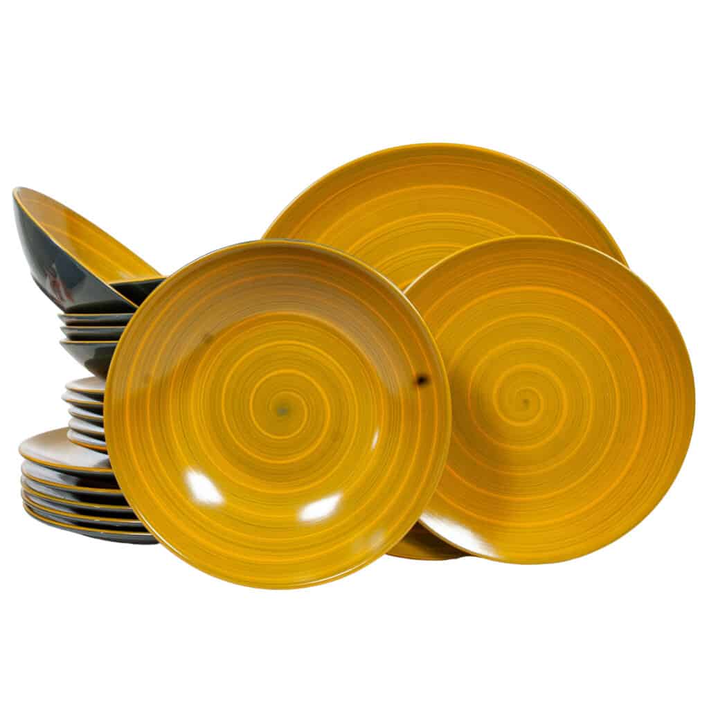 Tafelservice für 6 Personen, 18-teilig, Glänzend grau , verziert mit gelber Spirale