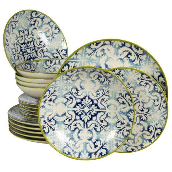 Tafelservice für 6 Personen, 18-teilig, mit tiefem Teller, rund, glänzendes Elfenbein, verziert mit Marokko-Design
