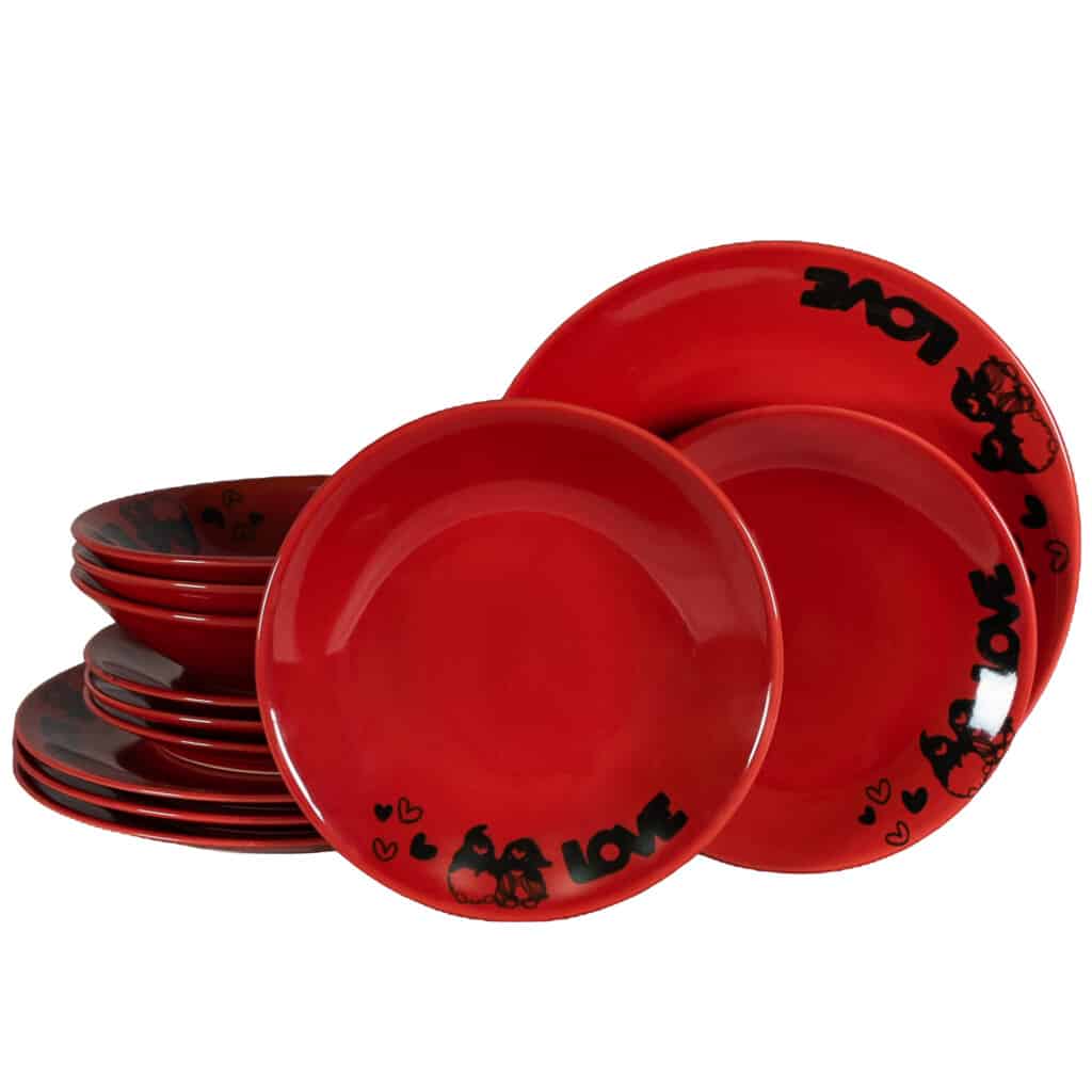 Tafelservice für 4 Personen, 12-teilig, mit tiefem Teller, rund, glänzend rot verziert mit Liebeszwergen