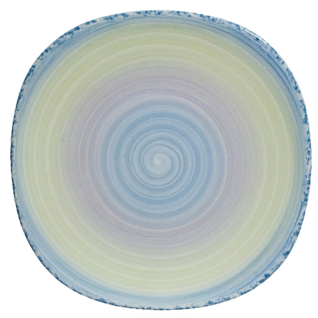 Tafelservice für 6 Personen, glänzendes Weiß, verziert mit blau/grün/rosa Spirale