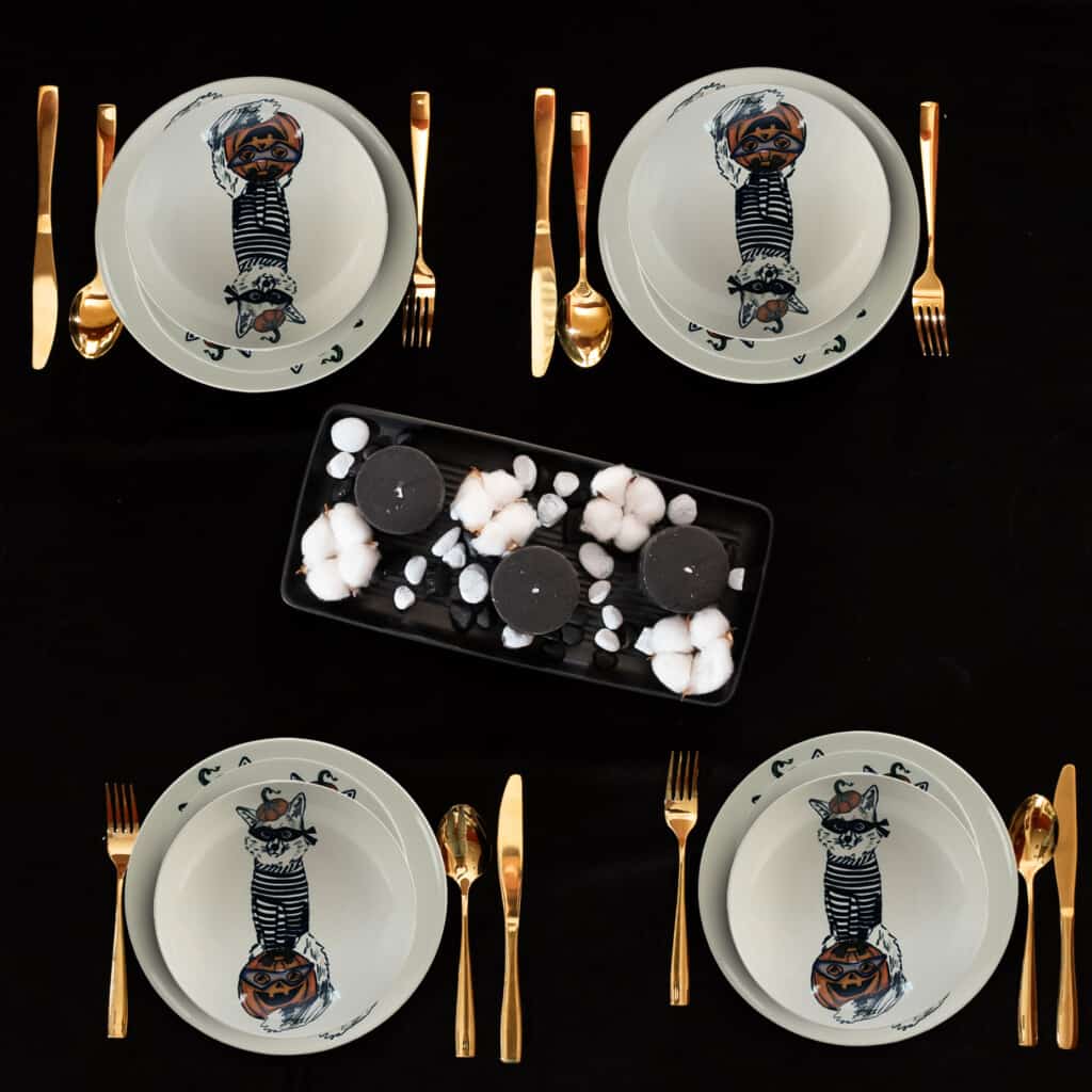 Tafelservice für 4 Personen, 12-teilig, mit tiefem Teller, rund, glänzend weiß, verziert mit Thief-Katze