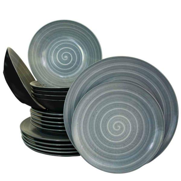 Tafelservice für 6 Personen, 18-teilig, Glänzendes Metallgrau, verziert mit grauer Spirale