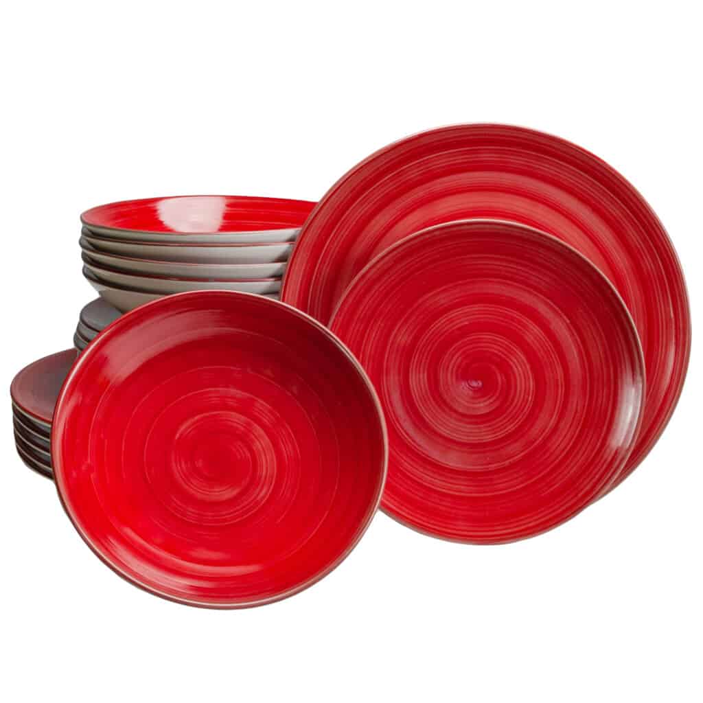 Tafelservice für 6 Personen, 18-teilig, Glänzend weiß, verziert mit roter Spirale