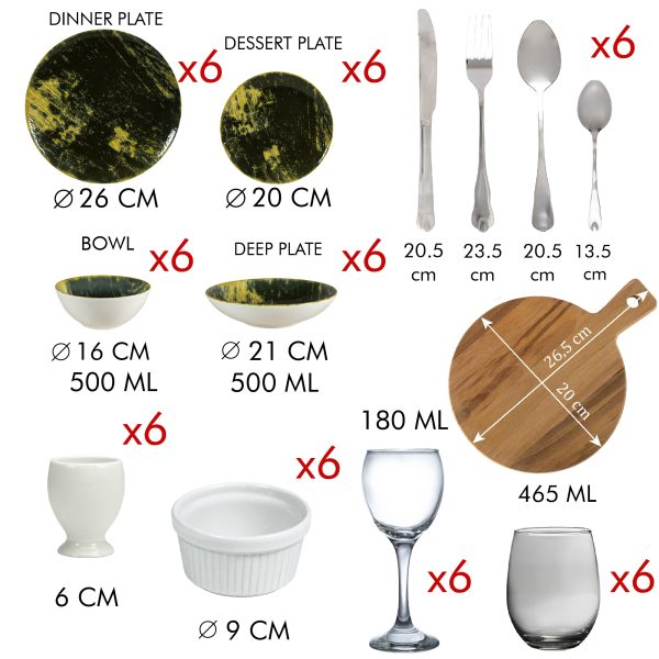 Küchenset, Cesiro, für 6 Personen, 73 Teile, schwarzer und grüner Marmor