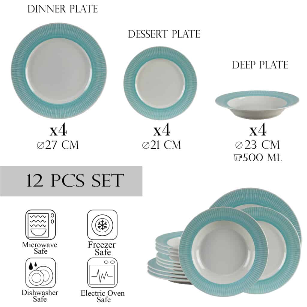 Tafelservice für 4 Personen, 12-teilig, mit tiefem Teller, rund, glänzendes Elfenbein mit blauem Rand